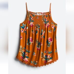 Floral Smocked Rust Cami Tank Top with Lace Trim
